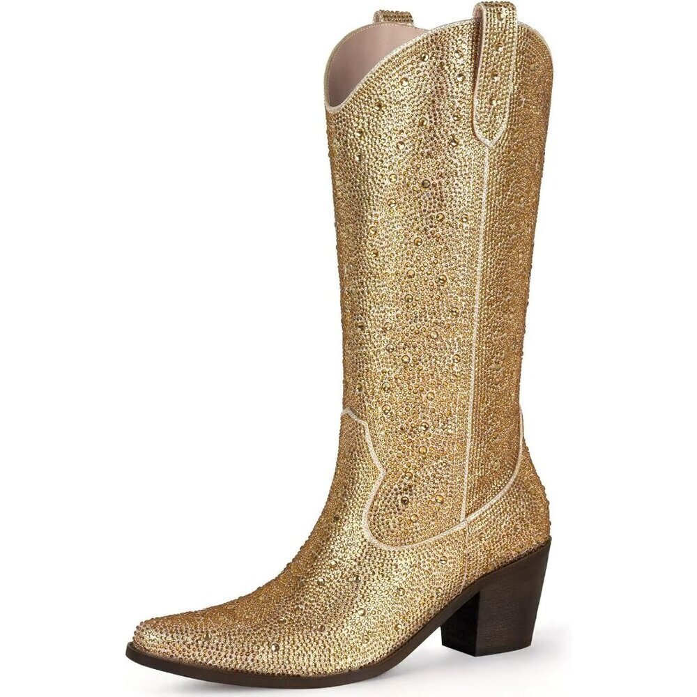 🆕Missmiller Women Gold Rhinestone Mid Calf Pointed Sparkly Block Pull On Heel